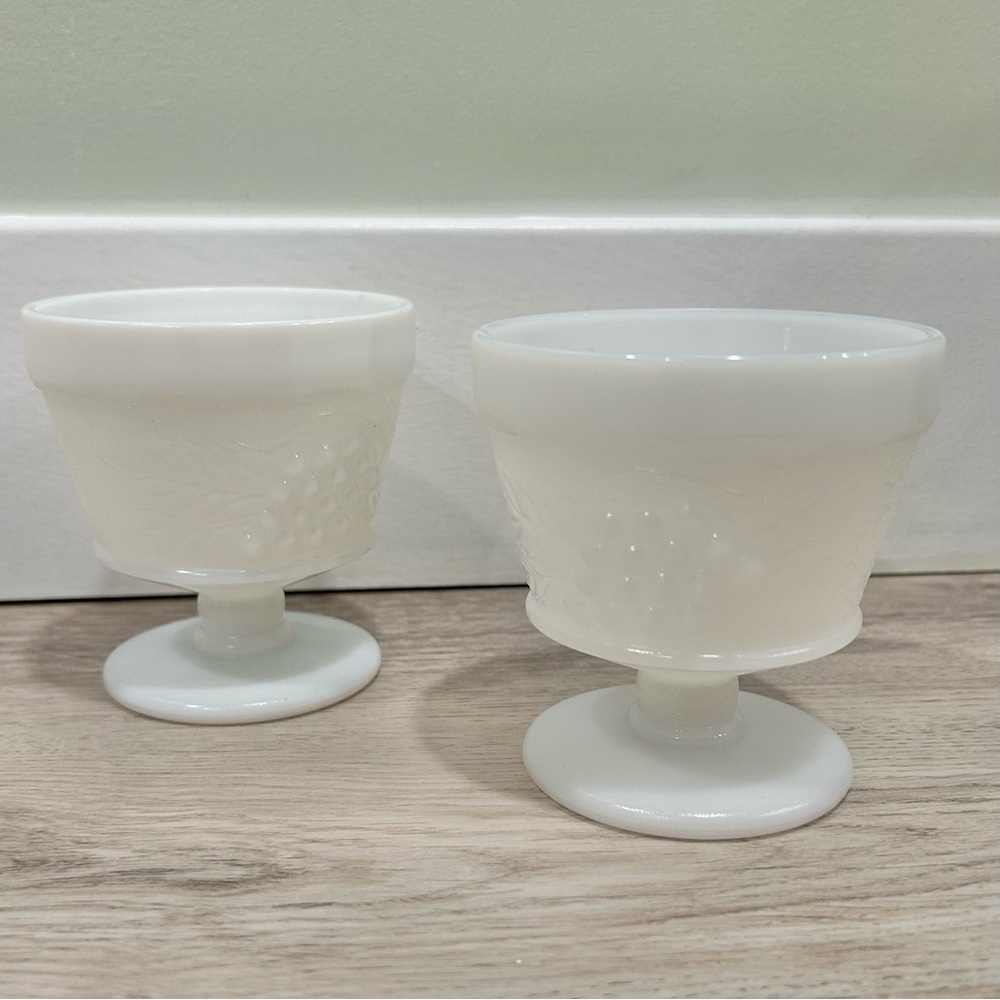 Vintage Anchor Hocking Set of 2 Milk Glass Grape Leaf Mid Century Desert Cups